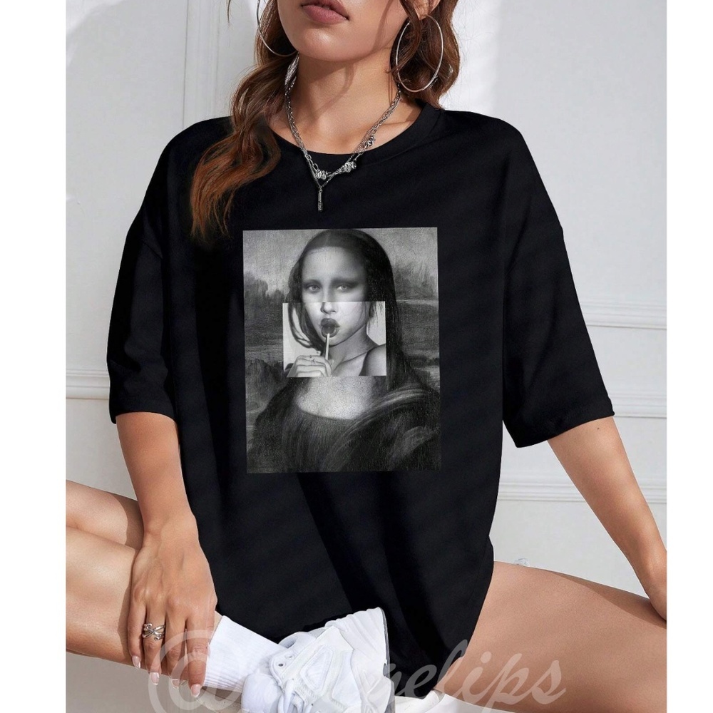 Black Oversized Tee Crewneck Short Sleeve Printed Black White Appliqué Mona Lisa